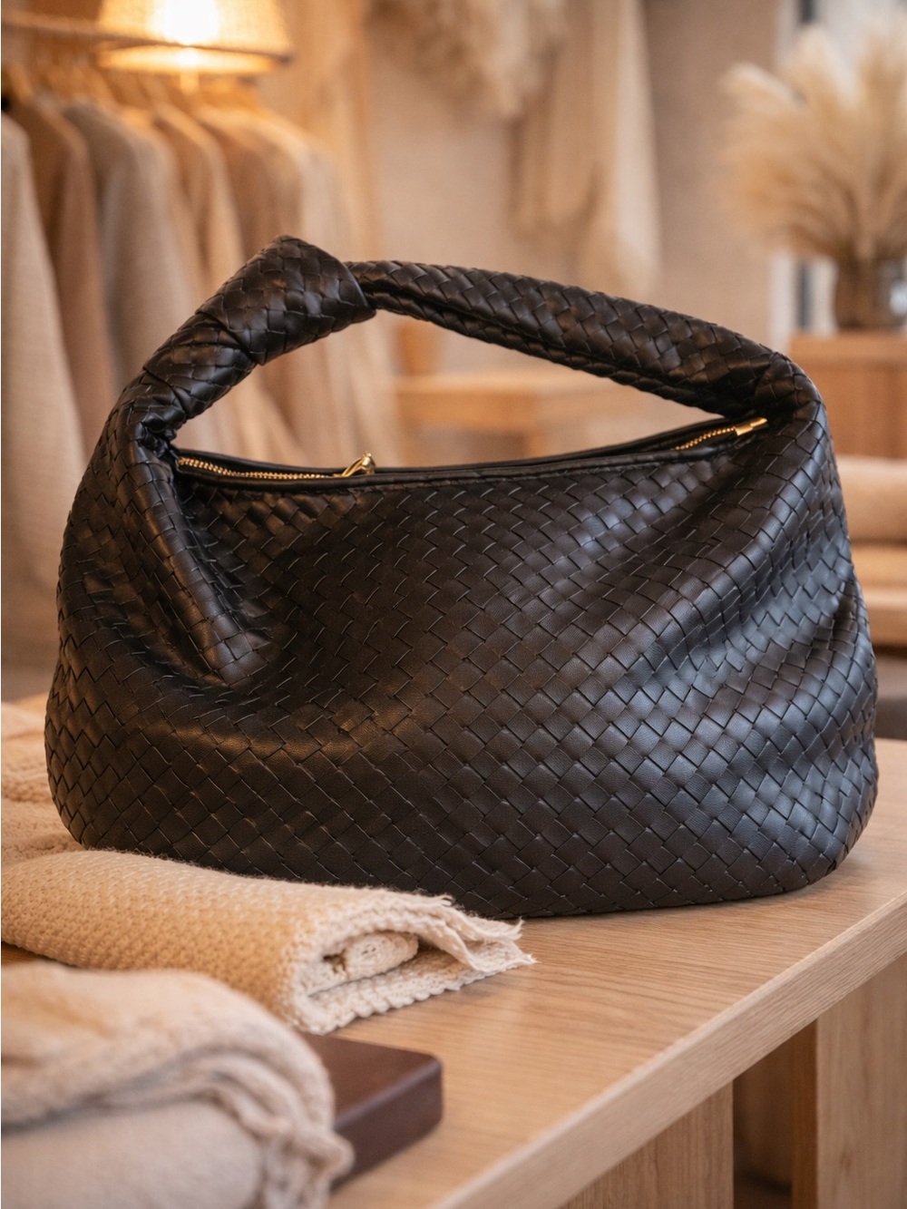 Anthropologie Melie Bianco Vegan Leather Black Woven Bag